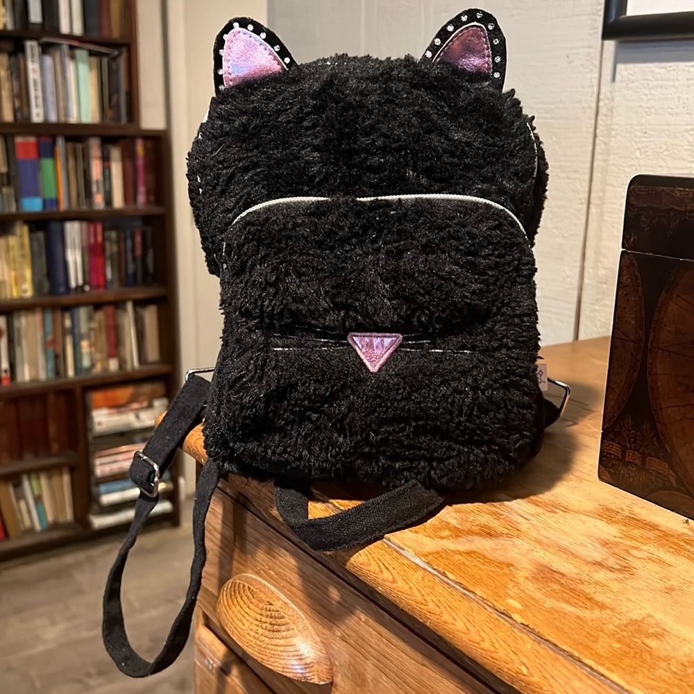 Black fuzzy cat kitty mini backpack